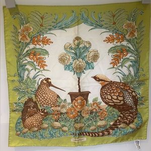 Authentic Salvatore Ferragamo silk twill scarf green with birds and flowers